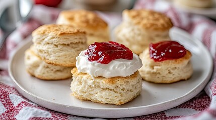 British scones with clotted cream and strawberry jam on a white plate.