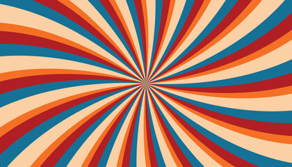 Abstract retro groovy colorful sunburst pattern striped twirl twisted 70s vintage background texture. Spiral radial vector in trendy retro psychedelic style. Throwback Stripe color palettes
