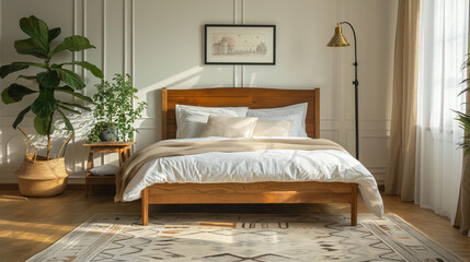 A stylish transitional bedroom featuring a traditional wooden bed frame, white linens, and a modern geometric accent wall.