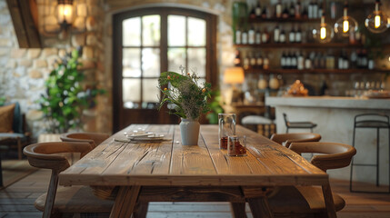 A stylish wooden table in a cozy contemporary room with a mix of modern and rustic decor.