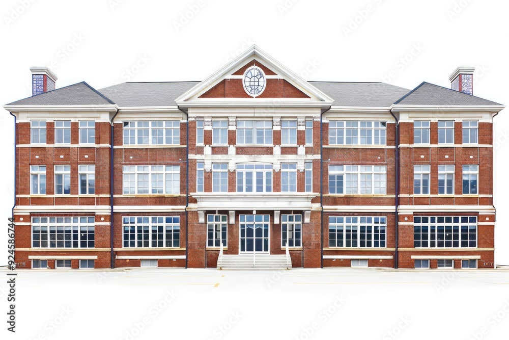 Poster a large brick building with a clock tower, ideal for architectural or cityscape images