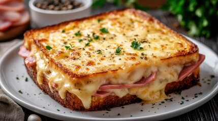 French croque monsieur with ham, cheese, and sauce on a white plate.