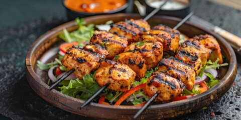 Grilled Murgh Malai Tikka Traditional Indian Afghani Chicken Kabab with Creamy Texture Served with Fresh Salad