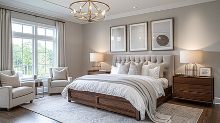 A transitional bedroom with a balance of traditional and modern elements, featuring a dark wood bed frame, crisp white bedding, and a contemporary grey accent wall. 