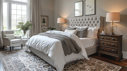 A transitional bedroom with a cozy, inviting atmosphere, featuring a tufted grey headboard, white linens, and a dark wood dresser. 