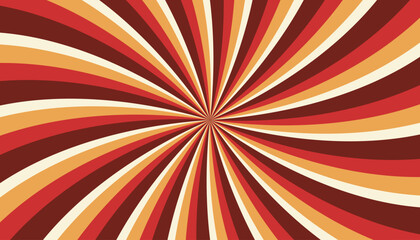 Abstract retro groovy colorful sunburst pattern striped twirl twisted 70s vintage background texture. Spiral radial vector in trendy retro psychedelic style illustration. Sun and Sky color palettes