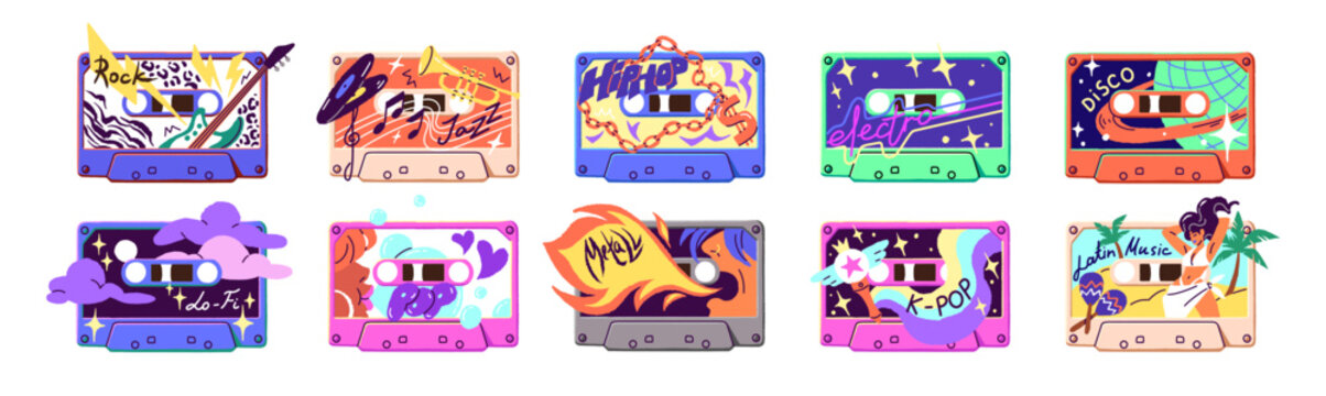 Abstract designs of retro mixtapes set. Vintage music records on compacts. Different colourful audio cassettes. Various mix tapes with pop, rock. Flat isolated vector illustrations on white background