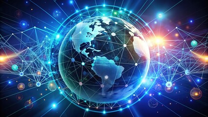 Glowing globe surrounded by futuristic dots and icons, symbolizing interconnected global communication networks, digital technology, and international connections on a vibrant, abstract background.