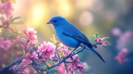 Fototapeta premium A small blue bird perched on a branch with pink blossoms.