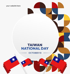 Taiwan National Day banner in modern geometric style. Square greeting card cover with country flag. Double Ten Day October 10th as Taiwan national holiday. Happy National Day of the Republic of China