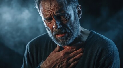A man clutches his chest, visibly distressed, surrounded by a moody, smoky atmosphere that conveys deep emotion, heart pain, heart attack, heart failure, arrhythmia, atherosclerosis, cardiopathy, hear