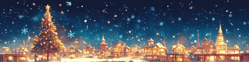 Obraz premium Enchanting Anime-Style Winter Wonderland: Magical Christmas Eve in Snowy Town. AI-Generated 4K Illustration for Creative Marketing, Featuring Glowing Christmas Tree, Falling Snowflakes, and Dreamy Lan