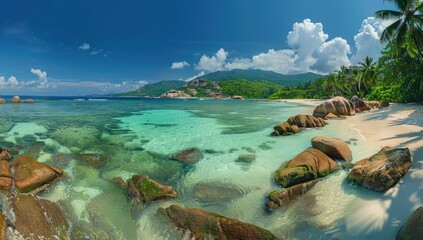 Tropical Paradise: Pristine Beach with Turquoise Waters and Lush Greenery