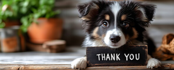Thank you sign with text, thank you. Cute dog holding thank you note. Expressing gratitude.