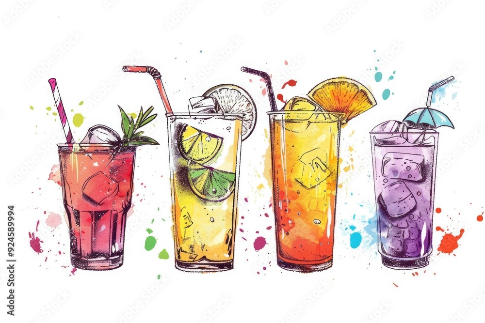 Poster a selection of vibrant drinks with unique colors and flavors