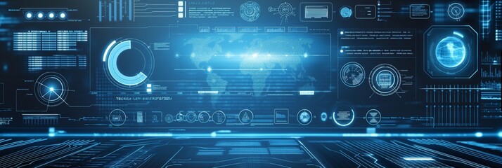 A digital map of the world filled with futuristic data visualizations, displaying various statistics and graphs with a sleek, technological aesthetic.