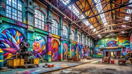 Naklejka premium Vibrant murals and graffiti adorn crumbling walls and rusting machinery in a once-abandoned warehouse now reclaimed by street artists as a colorful creative haven.