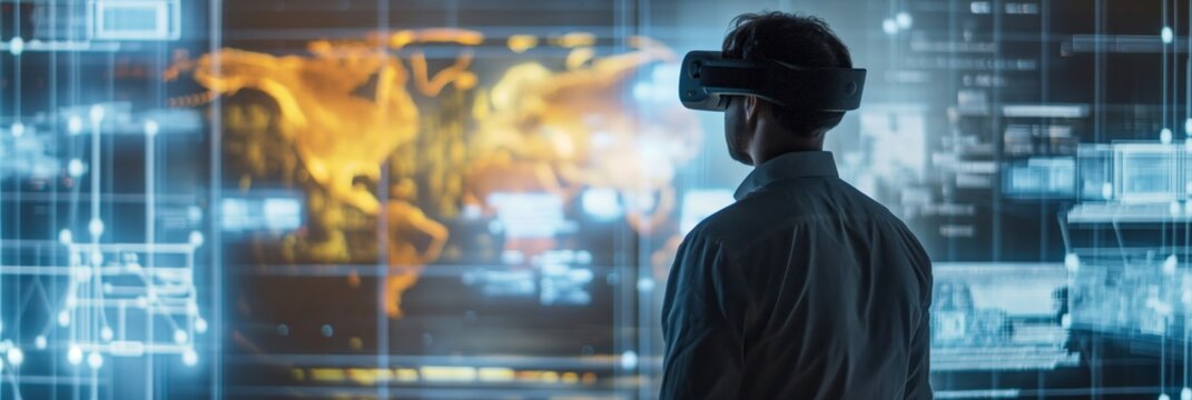 A man using a virtual reality headset examines a digital representation of geological formations, blending technology and science in research.