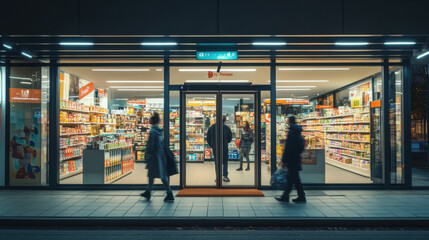 Fototapeta premium A convenience store during the morning rush, customers quickly picking up coffee and