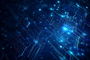 Futuristic vector illustration of a blue circuit board featuring intricate digital patterns and glowing lines, ideal for tech backgrounds.
