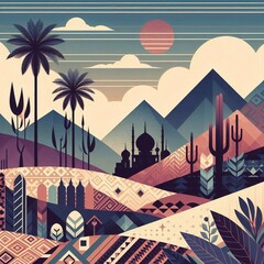 Arabic landscape, geometric style. AI generated illustration