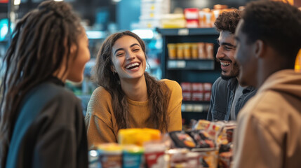 A group of friends laughing and chatting while paying for snacks at a convenience store
