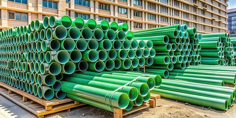 Obraz premium Green PVC pipes stacked on a construction site, awaiting installation for a new residence's water supply system, surrounded by building materials and equipment.