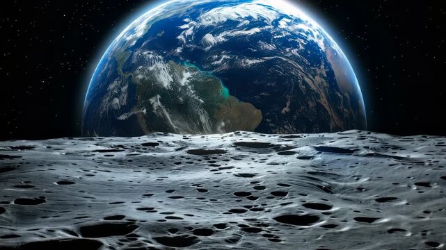 Breathtaking View of Earth from Moon Surface at Night with Starry Sky, Space Exploration and Celestial Beauty, Astronomical Phenomenon Captured, Surreal Vision of Our Planet from Lunar Landscape