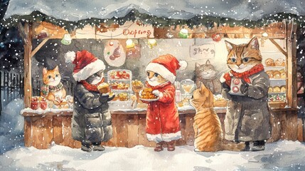 A whimsical winter scene featuring cats and children in cozy hats enjoying treats at a festive market covered in snow.
