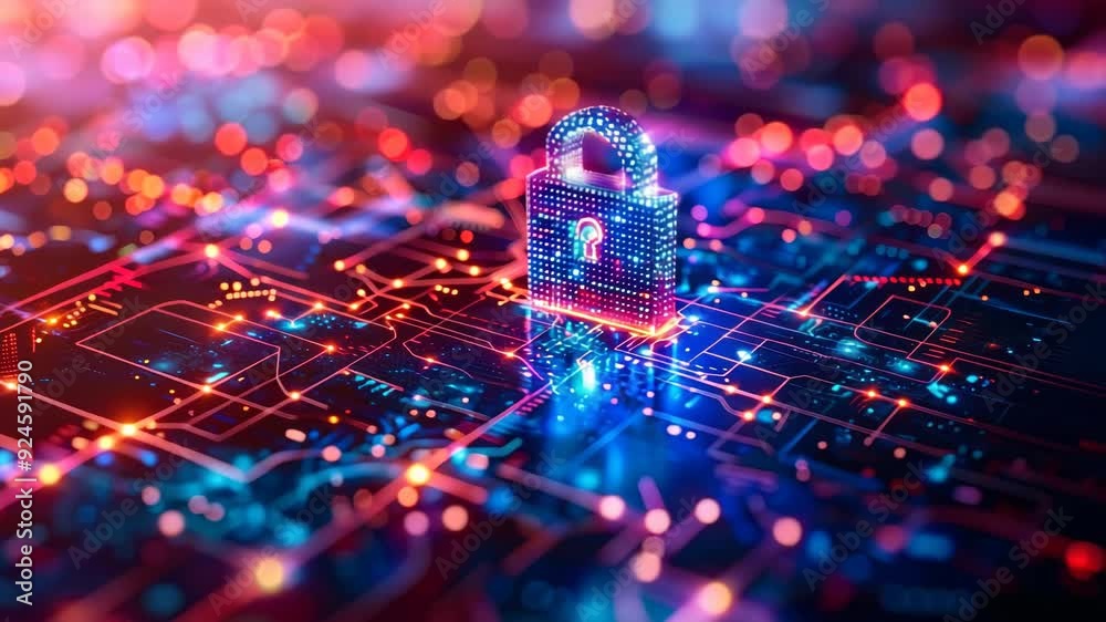 Poster cybersecurity data protection: digital lock icon on network circuit visualizing secure protocols to 