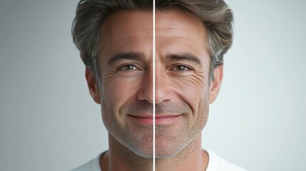 A man displays contrasting facial expressions and lighting on each half of his face while smiling gently in a well-lit indoor space