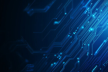 Vector illustration of a blue circuit board background featuring abstract digital tech patterns, with ample space for text or titles.
