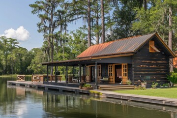 Obraz premium Lakefront Cabin with Dock and Green Grass