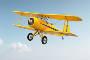 Vibrant Yellow Biplane in Flight on Crisp White Background Experience the Thrill of Aviation in 3D Rendering