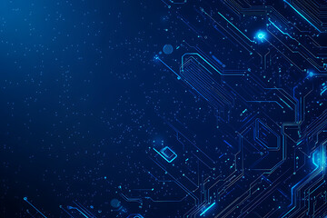 Vector illustration of a blue circuit board background featuring abstract digital tech patterns, with ample space for text or titles.
