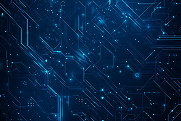 Fototapeta premium Vector illustration of a blue circuit board background featuring abstract digital tech patterns, with ample space for text or titles. 