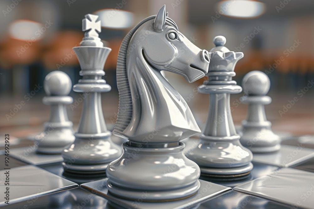 Poster a detailed view of a horse chess piece on a game board, ideal for representing strategy and competit