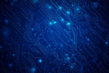 Vector illustration of a blue circuit board background featuring abstract digital tech patterns, with ample space for text or titles.
