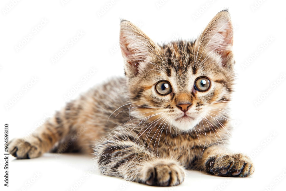 Poster a small kitten is lying down on a white surface, looking relaxed and cute
