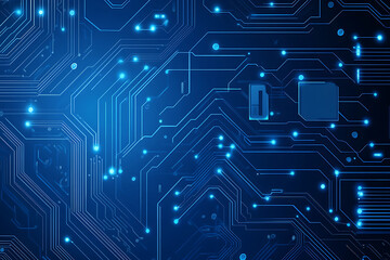 Vector illustration of a blue circuit board background featuring abstract digital tech patterns, with ample space for text or titles.

