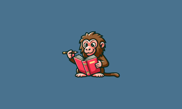 character cartoon baboon writing on book vector mascot design