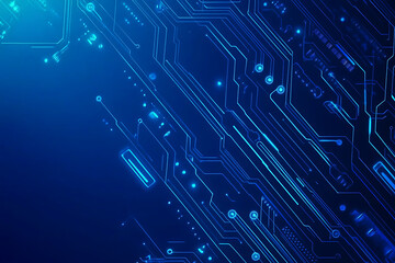 Vector illustration of a blue circuit board background featuring abstract digital tech patterns, with ample space for text or titles.
