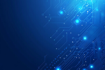 Vector illustration of a blue circuit board background featuring abstract digital tech patterns, with ample space for text or titles.
