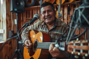 Obraz premium A musician records his guitar performance in a professional recording studio