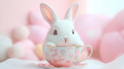 A cute white rabbit is sitting in a pink cup