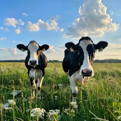 Black and white cows in a grassy field on a bright and sunny day in The Netherlands