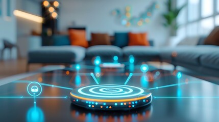 Naklejka premium Smart device ecosystem, interconnected devices, holographic network, modern living
