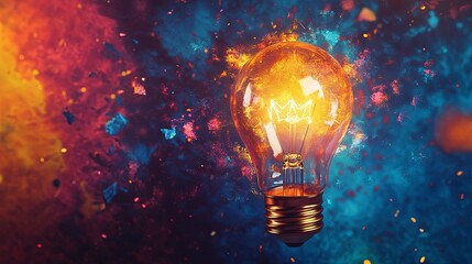 A light bulb is lit up in a colorful background