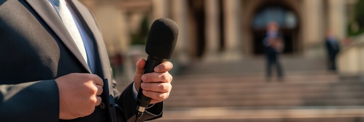 A male in formal wear holds a microphone on outdoor steps with a blurred individual and building in the background during a public event.