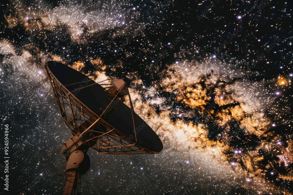 Poster satellite dish floating in space, surrounded by stars and planets